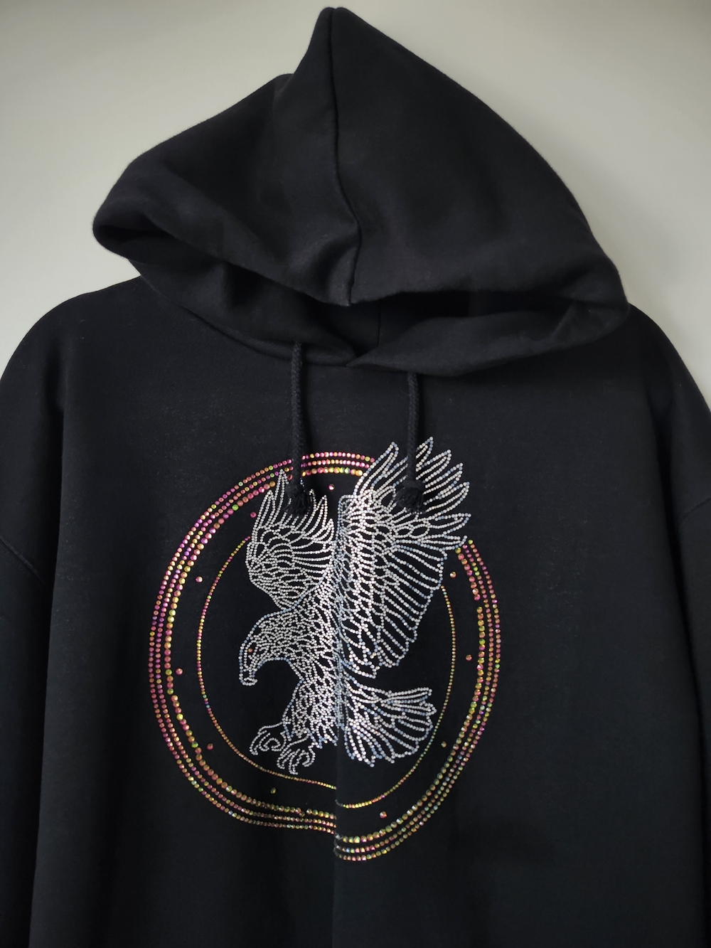 Black Pullover Hoodie with Eagle Rhinestone Graphic - Picture 5 of 9